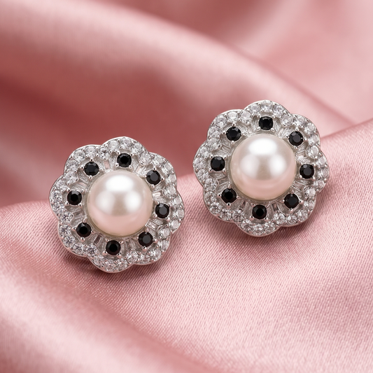 Silver Floral Pearl Stud Earrings