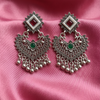Oxidised Silver Chandbali Earrings with Red & Green Stones