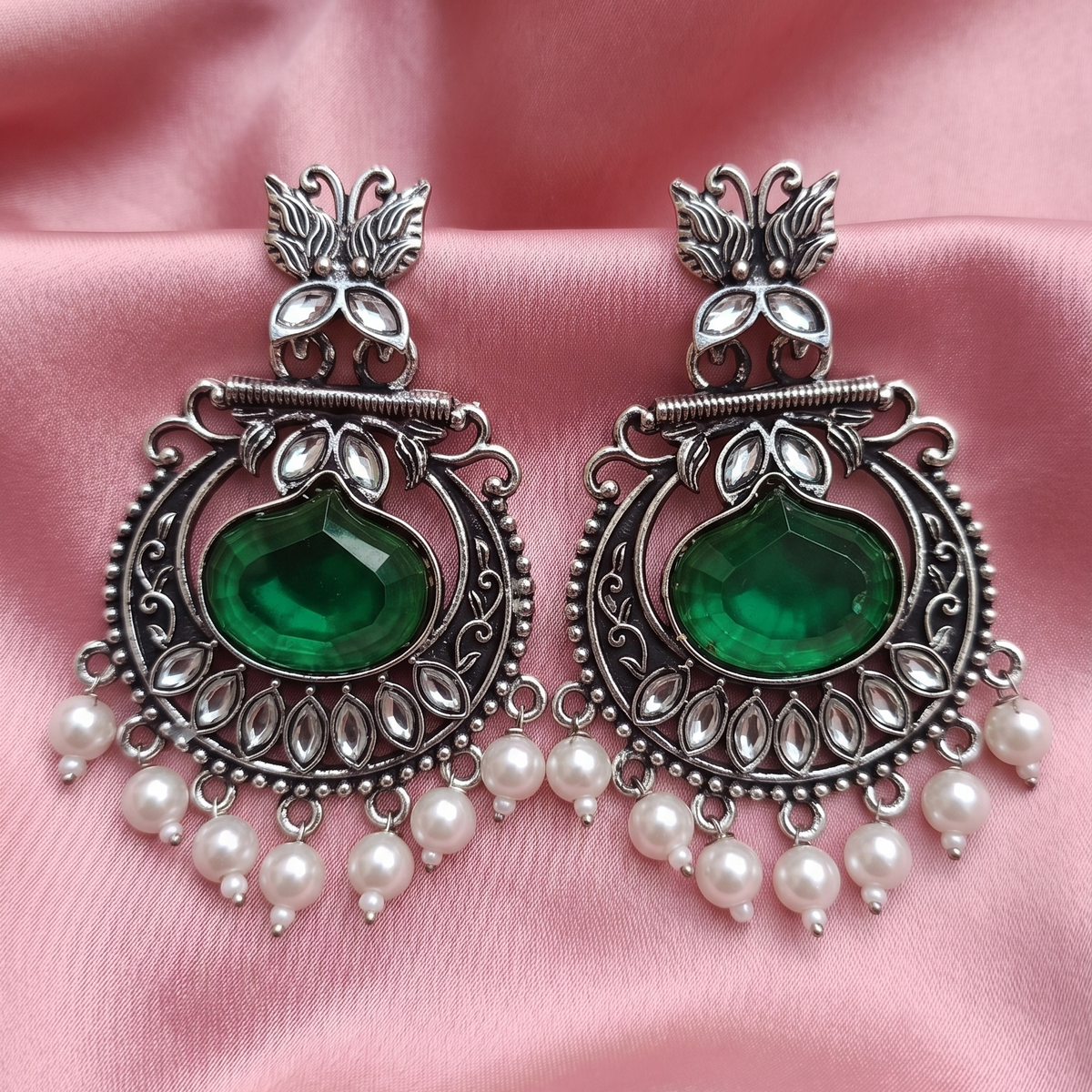 Oxidised Silver Peacock Kundan Pearl Drop Earrings