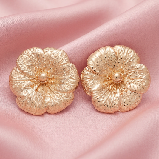 Trendy Gold-Tone Oversized Textured Floral Statement Stud Earrings for Women