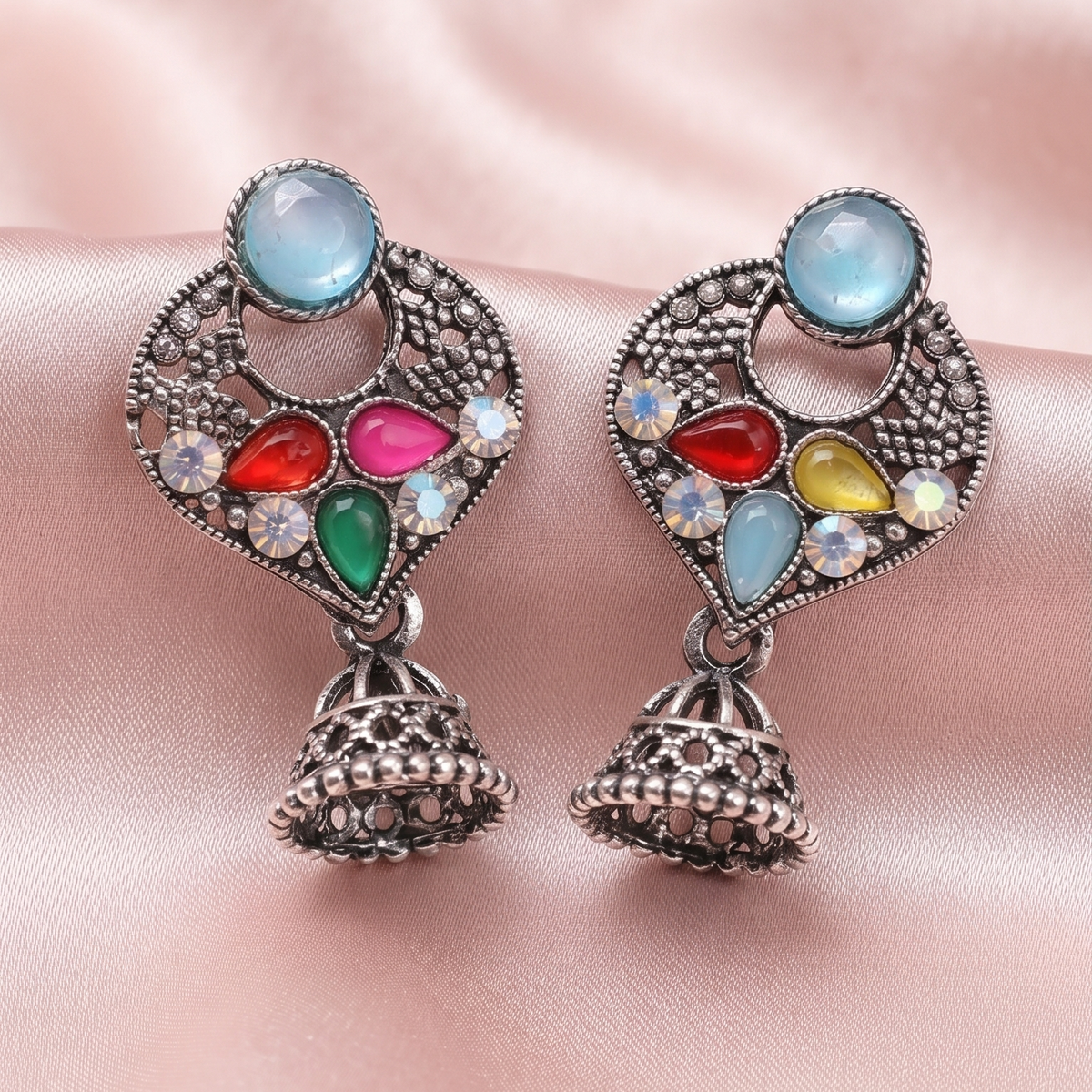 Multicolour Stone Studded Oxidised Silver Jhumka Earrings for Women