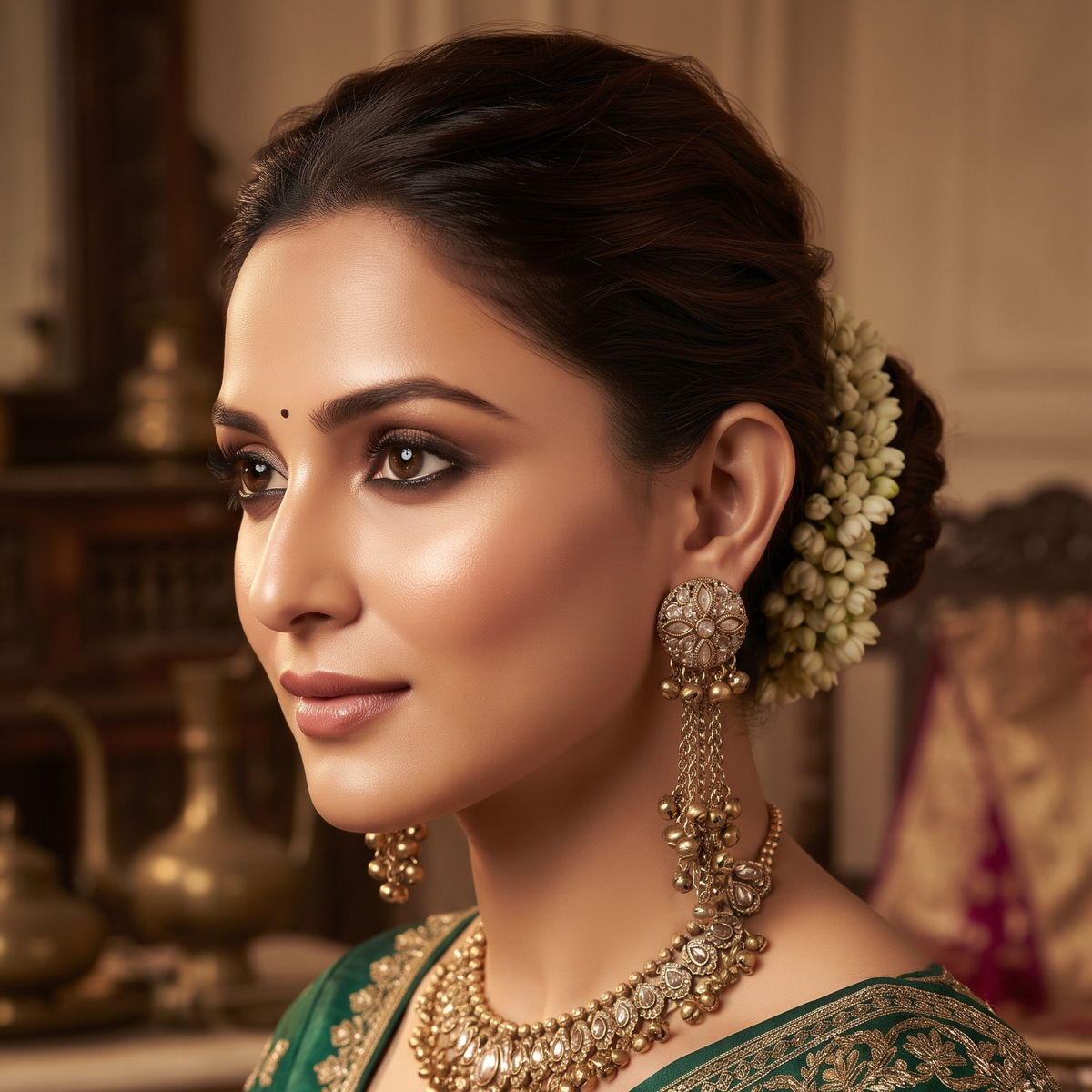 Traditional Gold-Tone Floral Crystal Studded Long Chain Earrings with Ghungroo Charms for Women