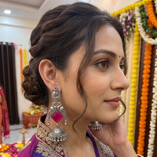 Oxidised Silver Peacock Jhumka Earrings