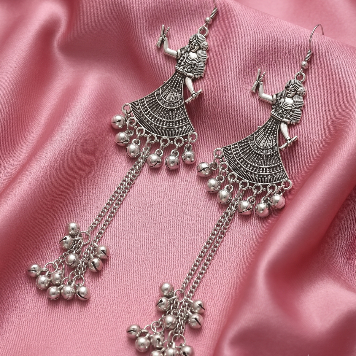 Oxidised Silver Dancing Girl Tassel Earrings