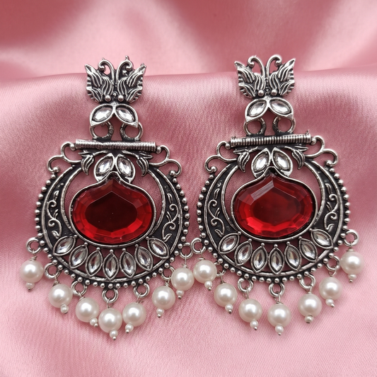 Oxidised Silver Peacock Kundan Pearl Drop Earrings