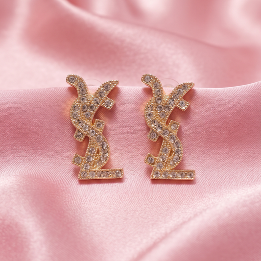 Gold-Tone Rhinestone Y2K Letter Design Statement Earrings for Women