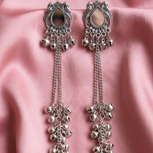 Oxidised Silver Stone Long Chain Ghungroo Earrings