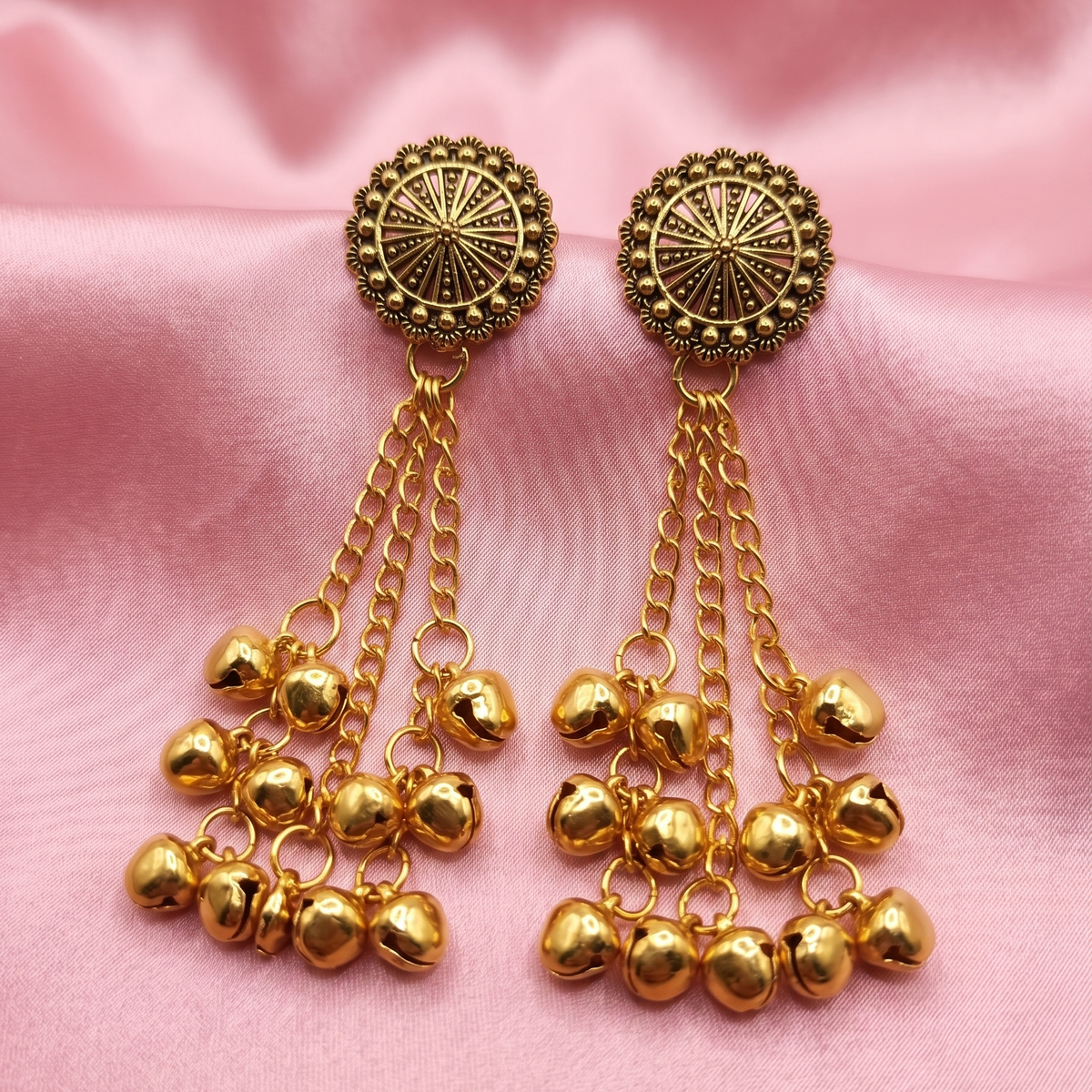 Antique Gold Ghungroo Chain Drop Earrings