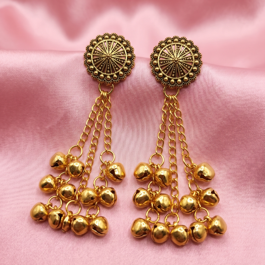 Antique Gold Ghungroo Chain Drop Earrings