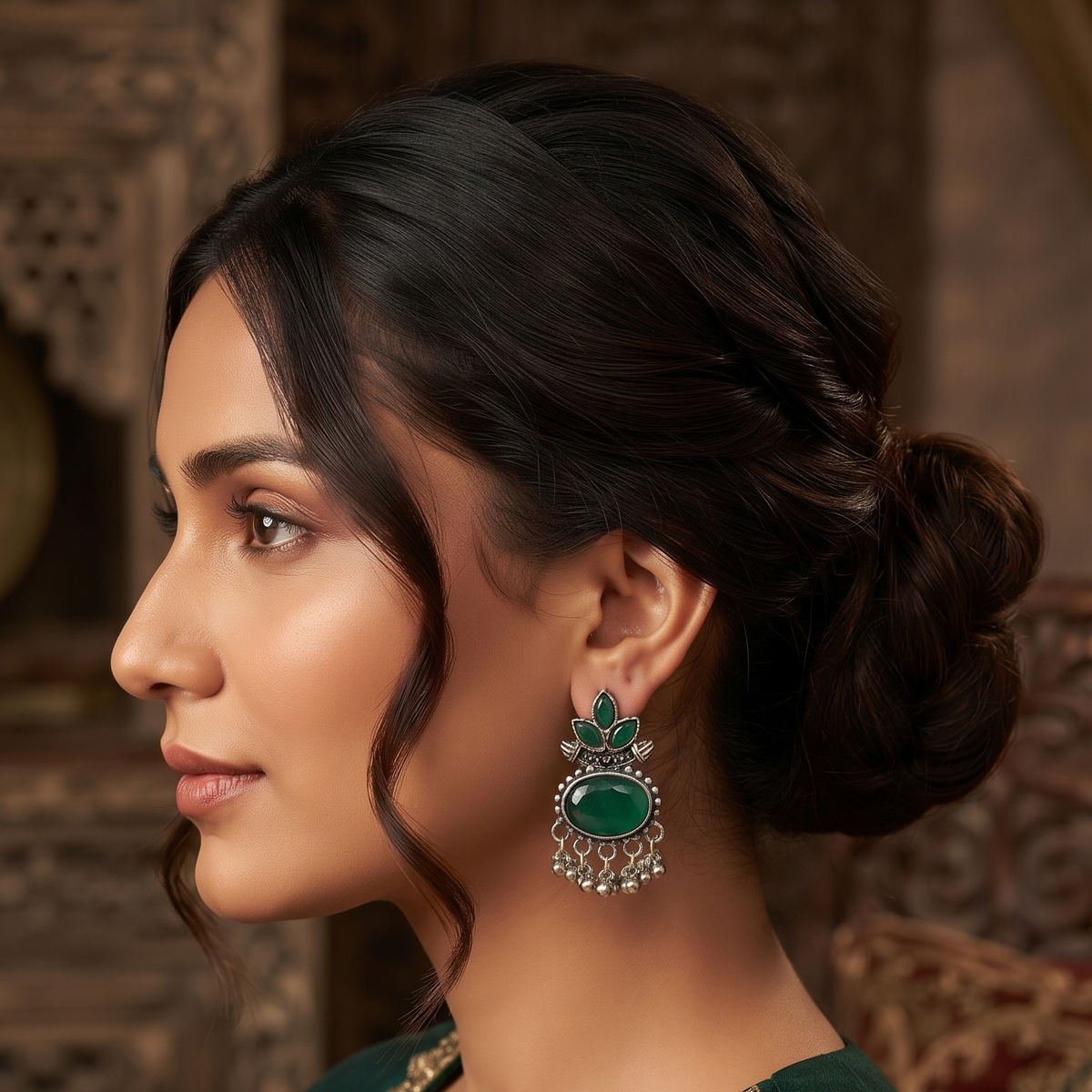 Oxidised Silver Lotus Stone Drop Earrings with Ghungroo Beads