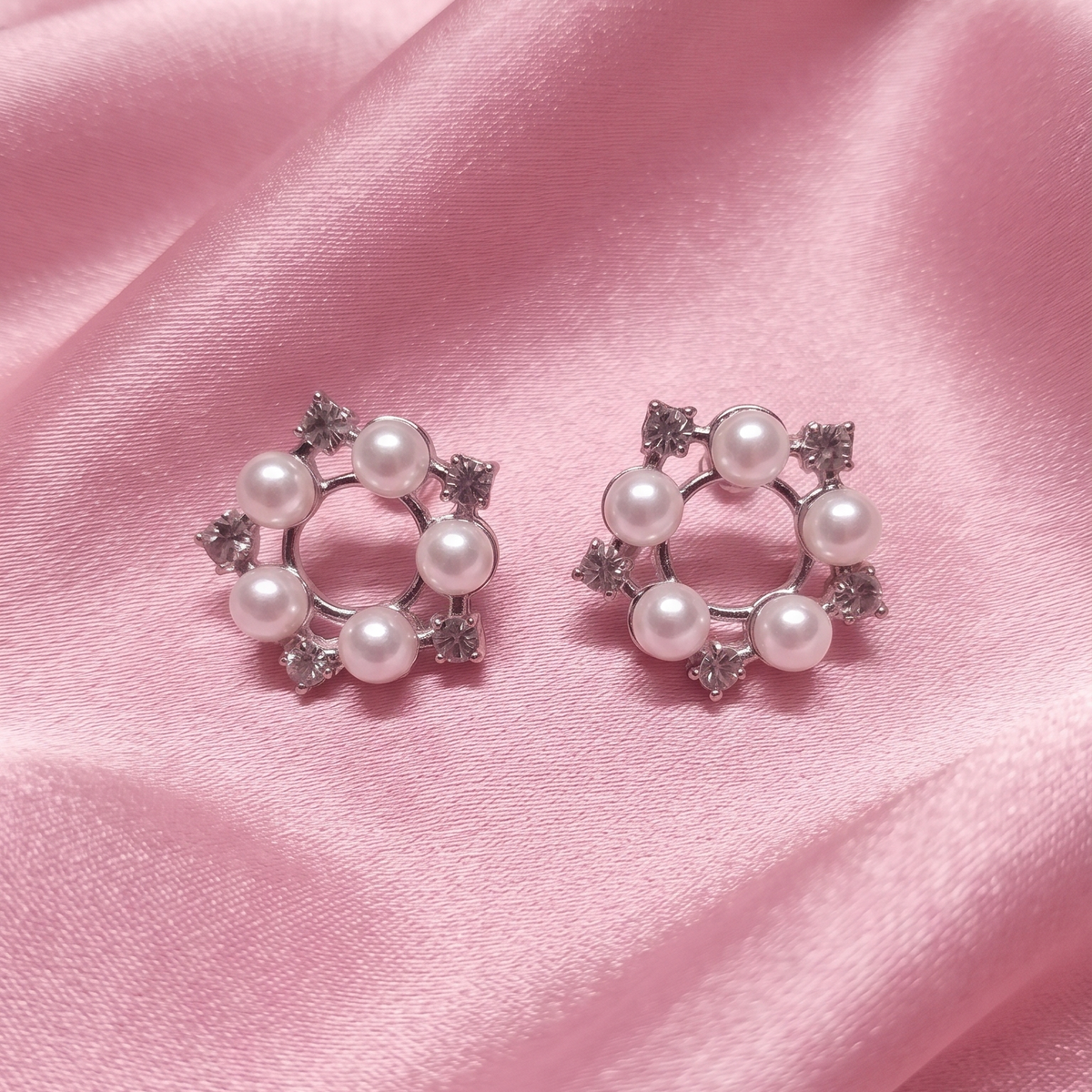 Silver-Tone Pearl & Crystal Circular Stud Earrings for Women