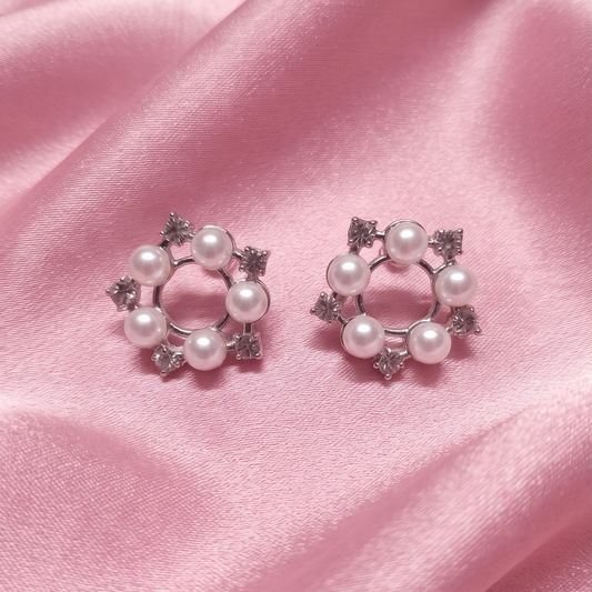 Silver-Tone Pearl & Crystal Circular Stud Earrings for Women