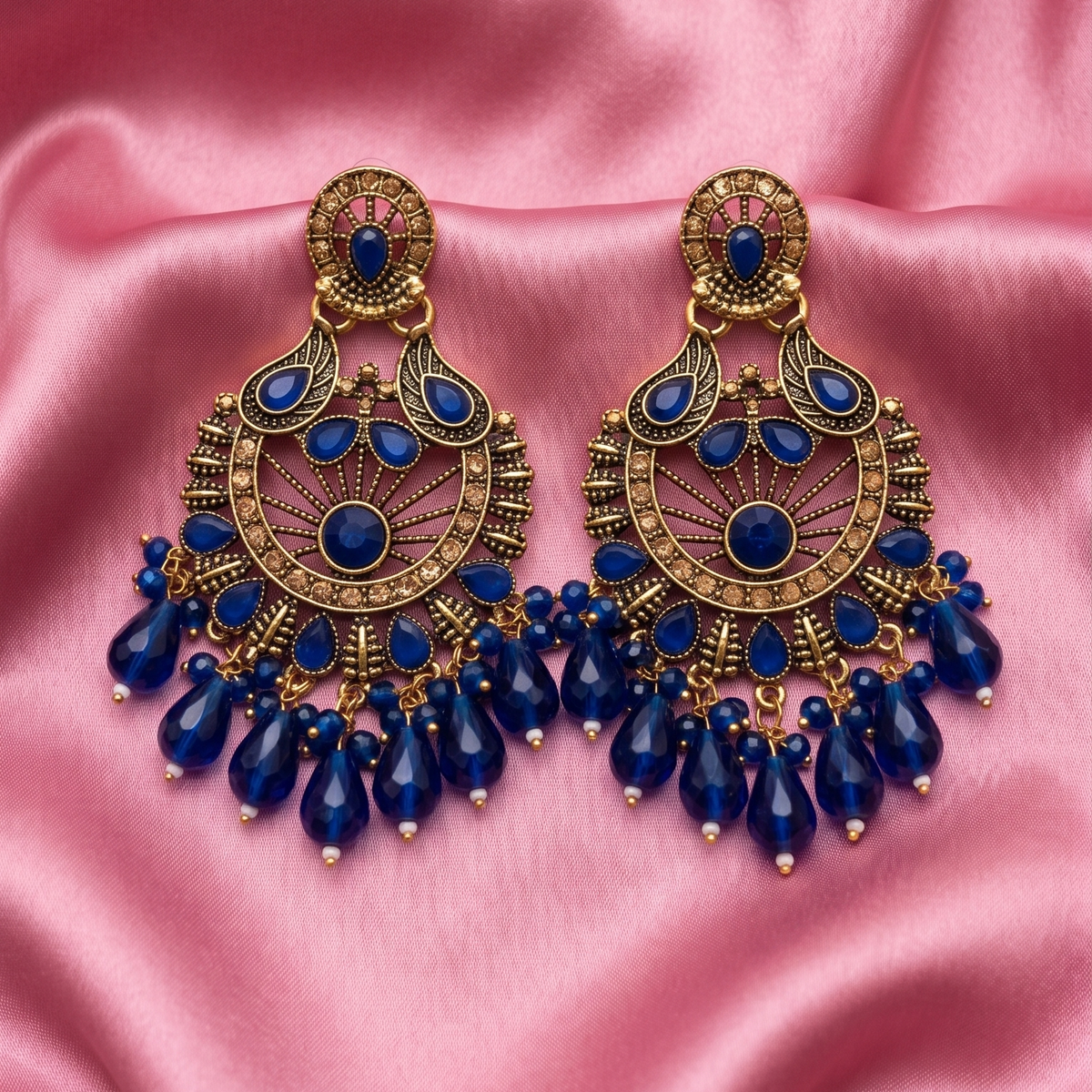 Antique Gold Multicolor Stone Chandbali Earrings with Beaded Drops