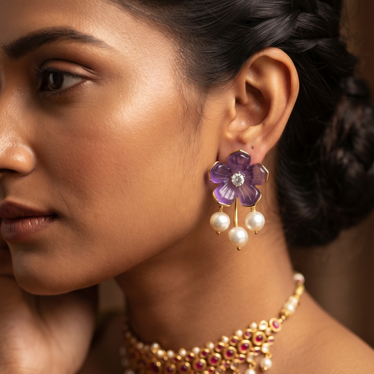 Elegant Floral Crystal Stud Earrings with Pearl Drops for Women