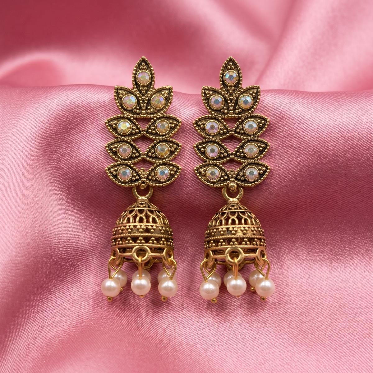 Antique Gold Leaf Design Jhumka Earrings with Pearl Drops