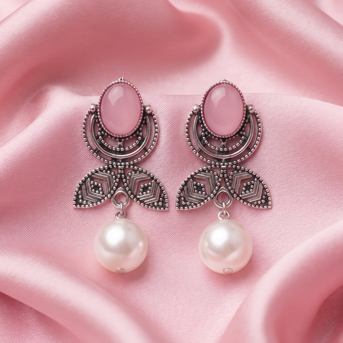 Oxidised Silver Multicolor Stone Pearl Drop Earrings