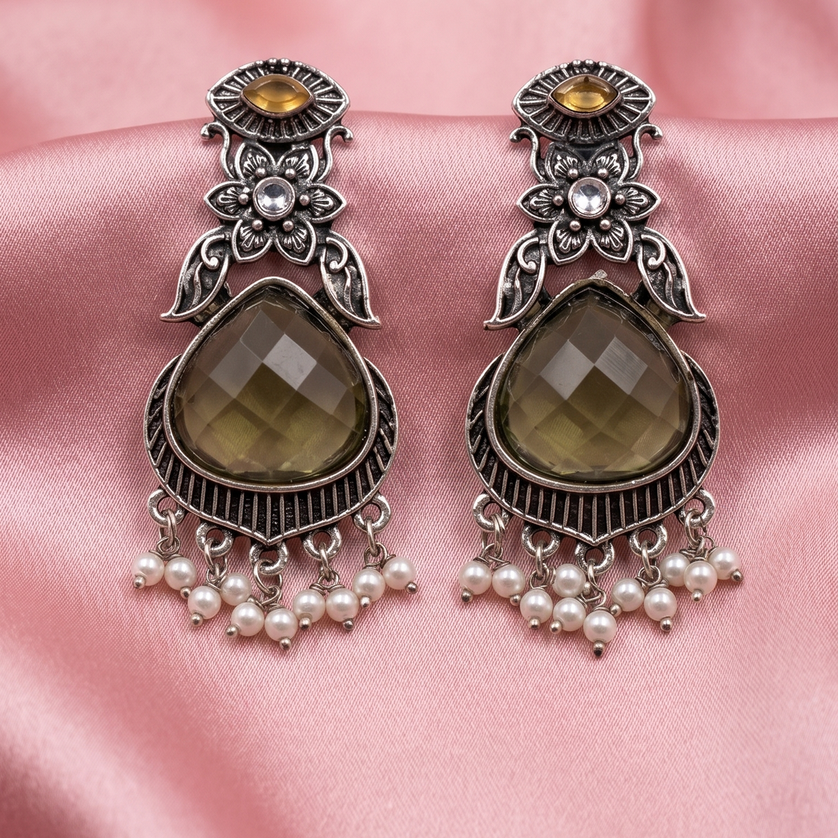 Oxidised Silver Floral Stone Drop Earrings with Pearl Beads