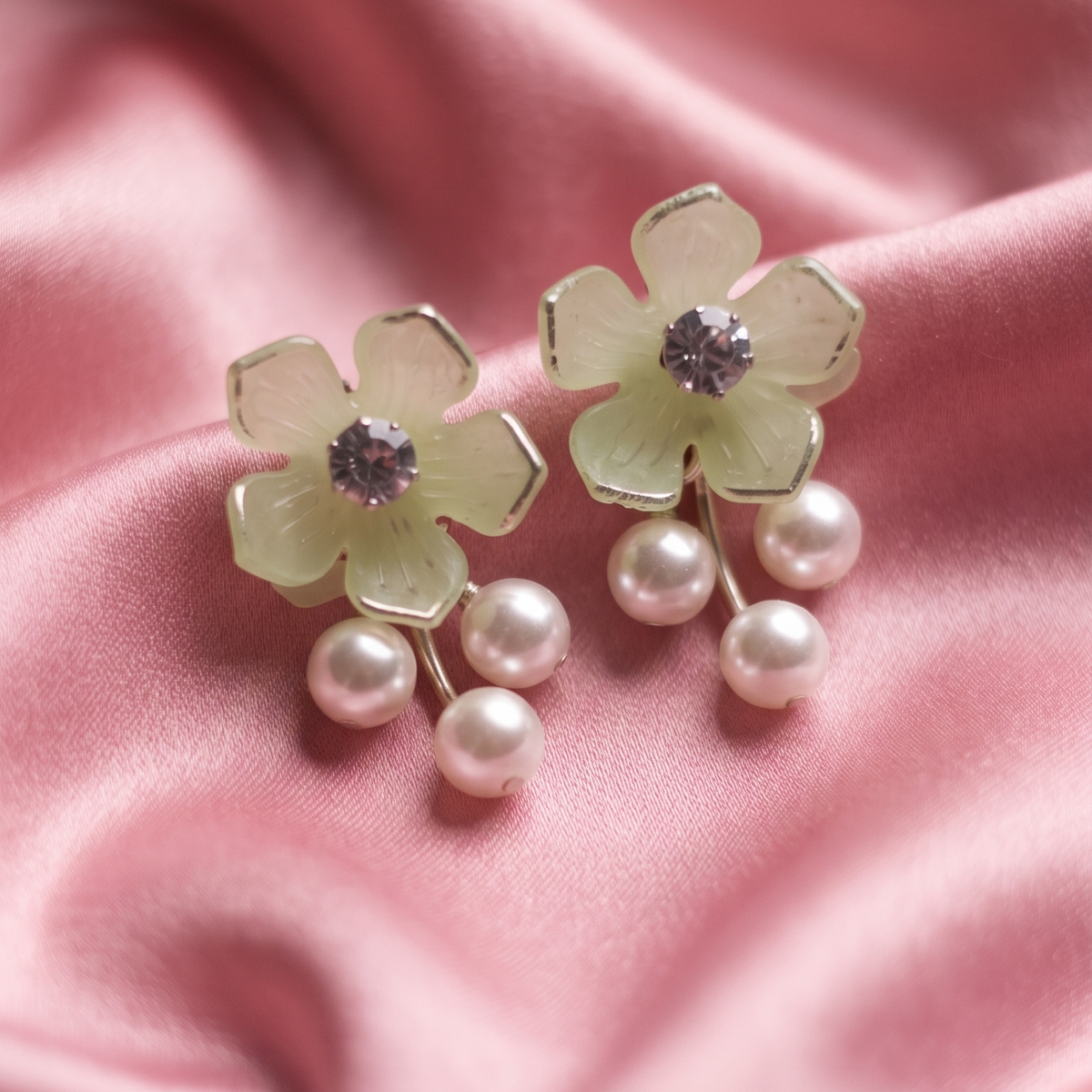 Elegant Floral Crystal Stud Earrings with Pearl Drops for Women
