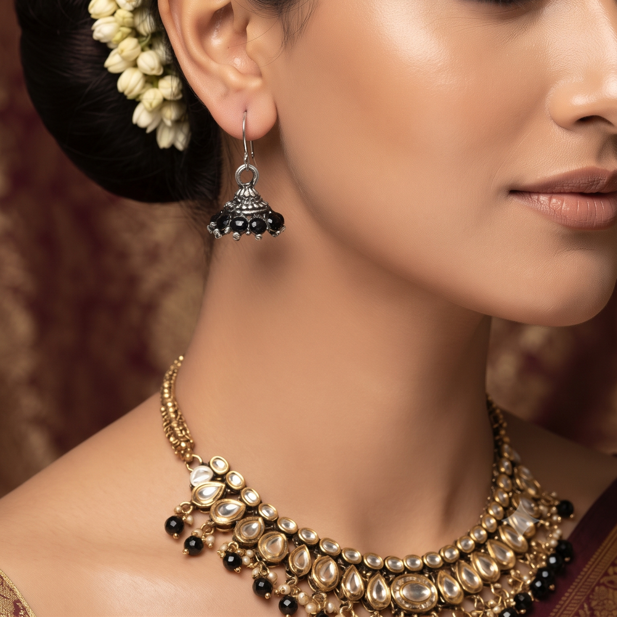 Oxidised Silver Black Stone Mini Jhumka Drop Earrings for Women