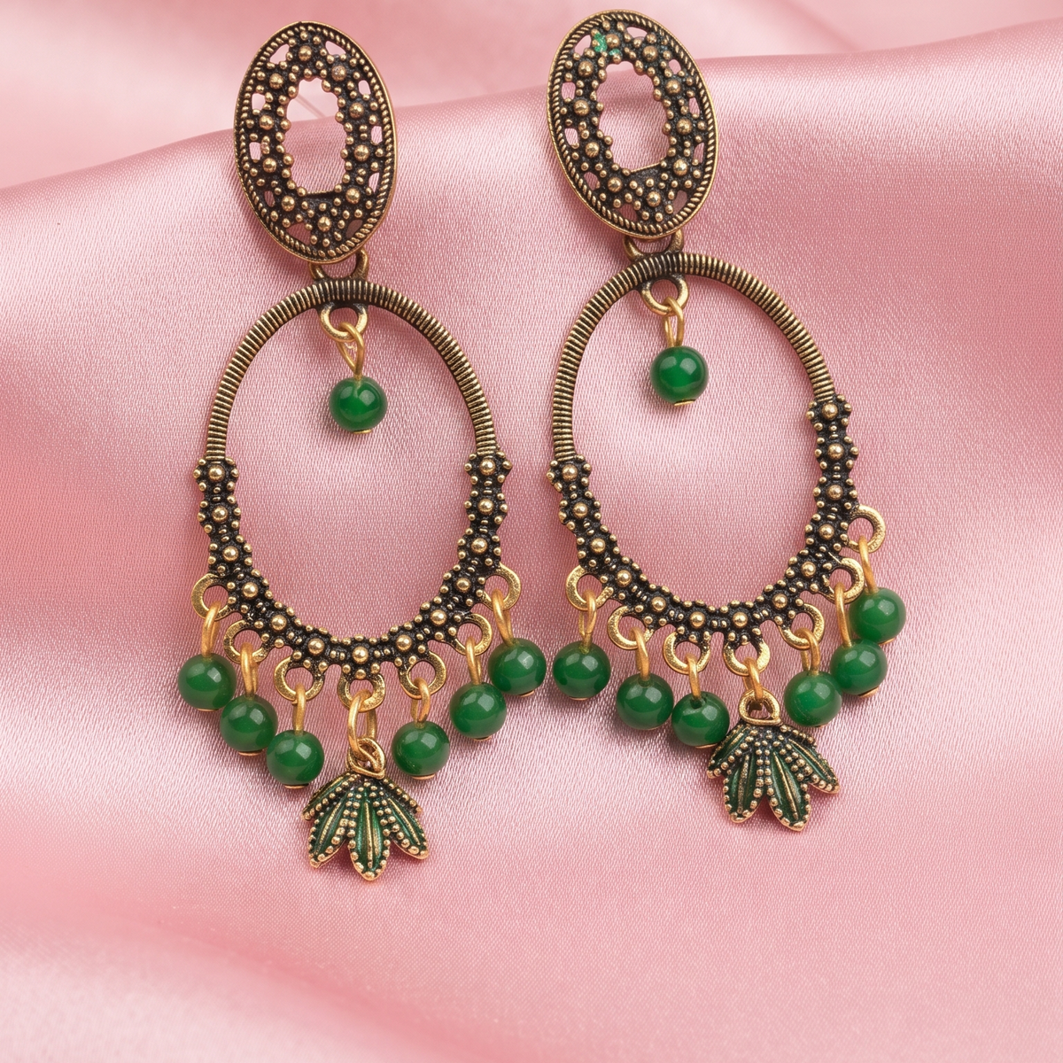 Antique Gold Green Beaded Chandbali Earrings