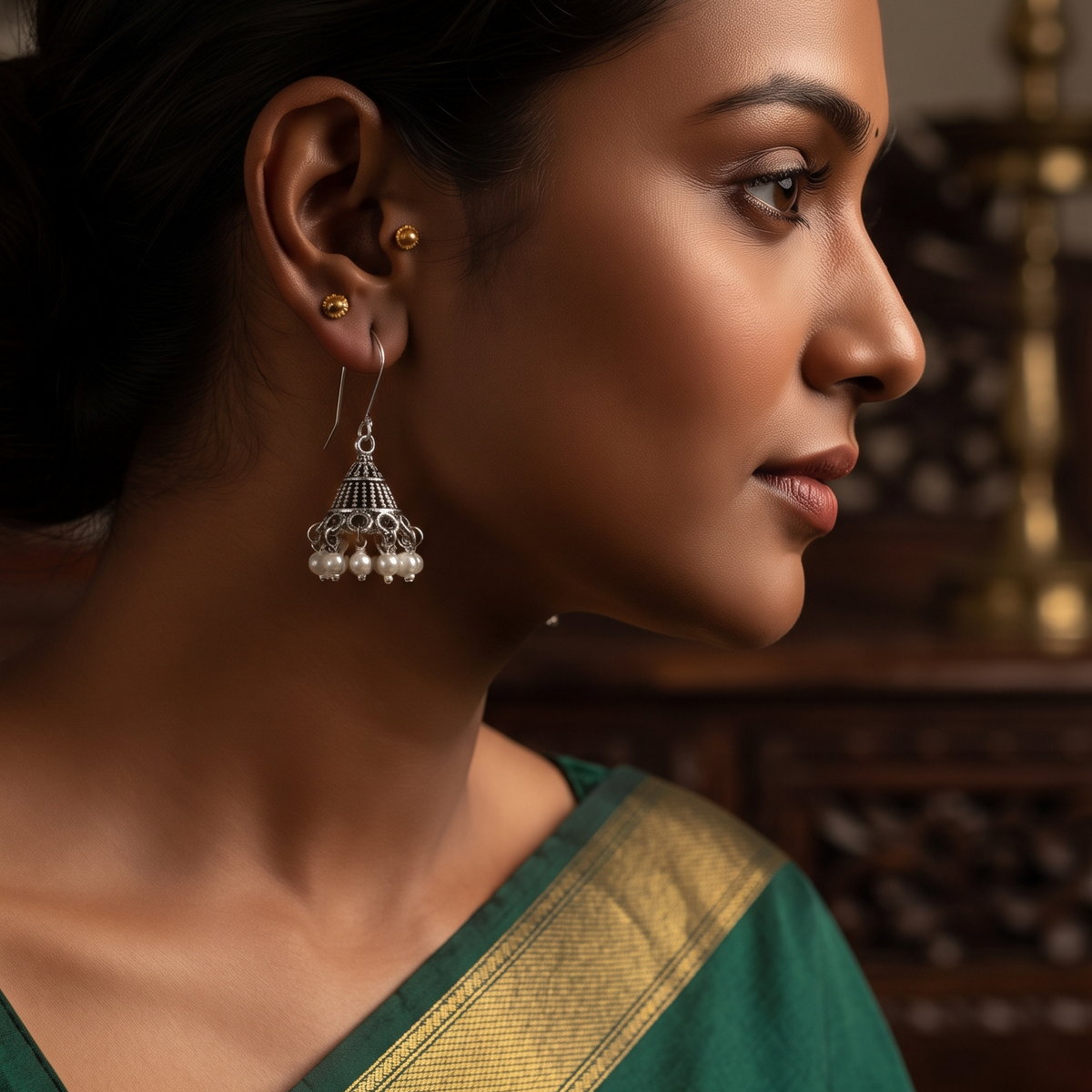 Antique Silver Oxidised Pearl Drop Jhumka Earrings for Women