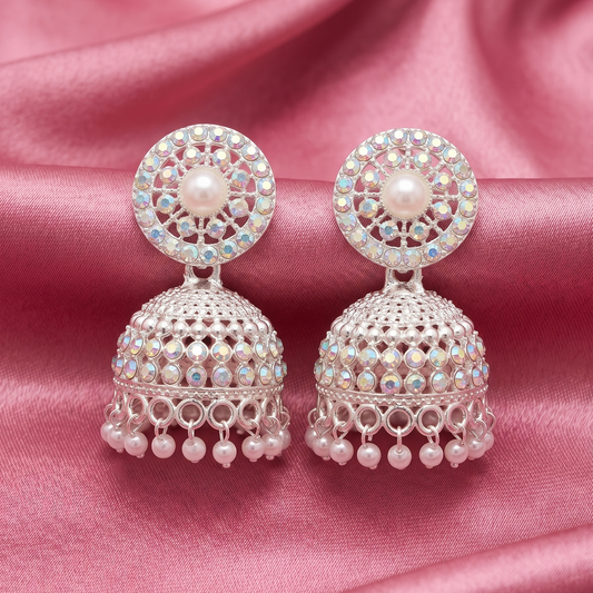 Silver Pearl Stone Jhumka Earrings