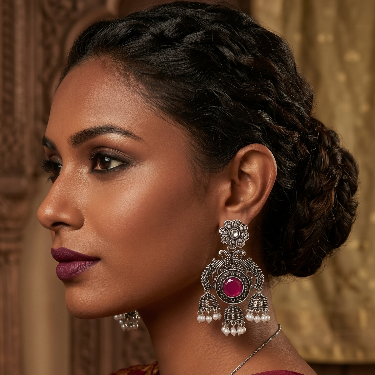 Oxidised Silver Peacock Chandbali Jhumka Earrings with Pearl Drops
