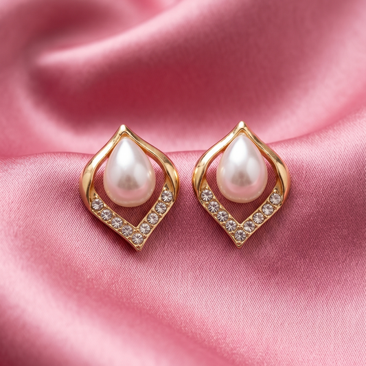 Gold Leaf Pearl Crystal Stud Earrings