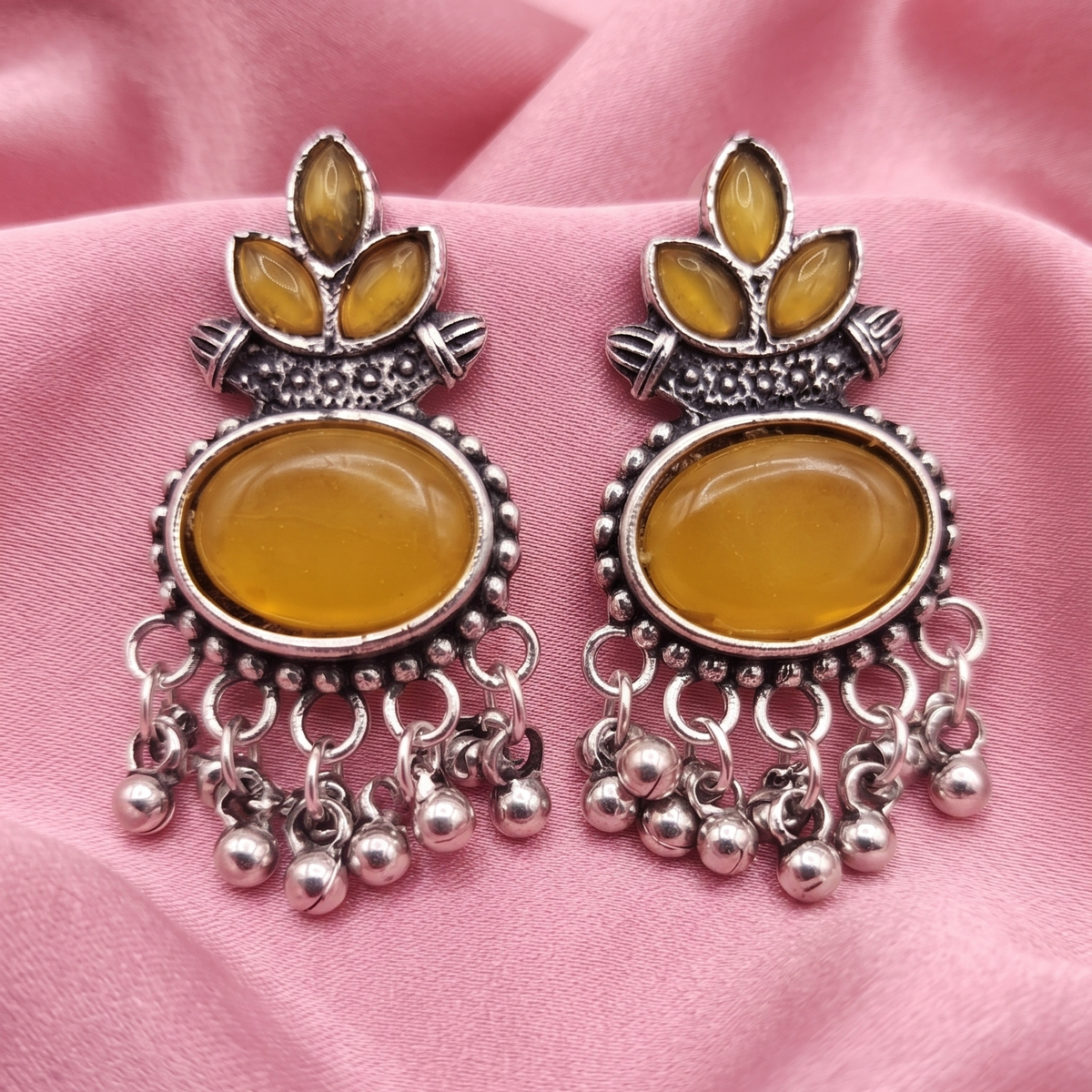 Oxidised Silver Lotus Stone Drop Earrings with Ghungroo Beads