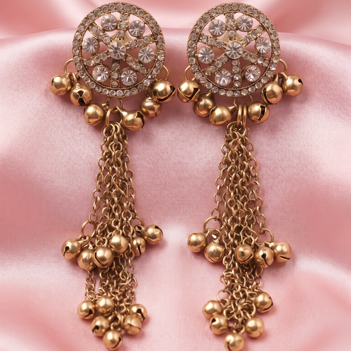 Traditional Gold-Tone Floral Crystal Studded Long Chain Earrings with Ghungroo Charms for Women