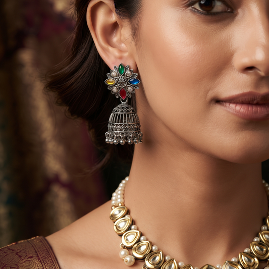 Traditional Oxidised Silver Multicolor Floral Jhumka Earrings with Ghungroo Detailing for Women
