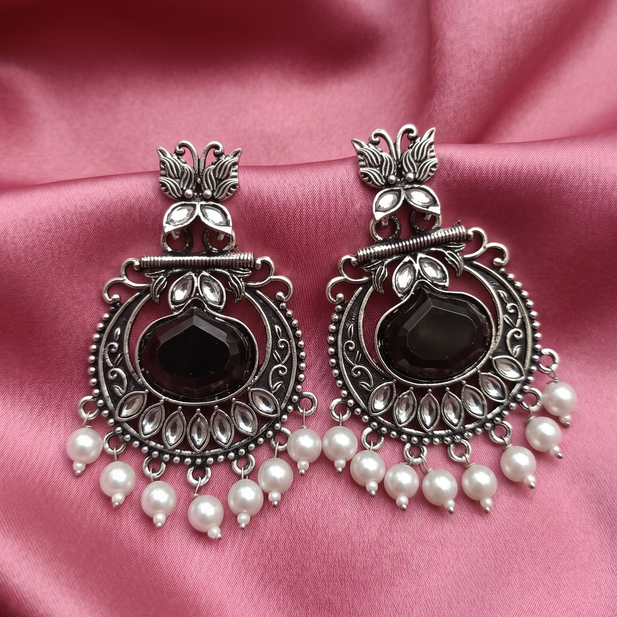Oxidised Silver Peacock Kundan Pearl Drop Earrings