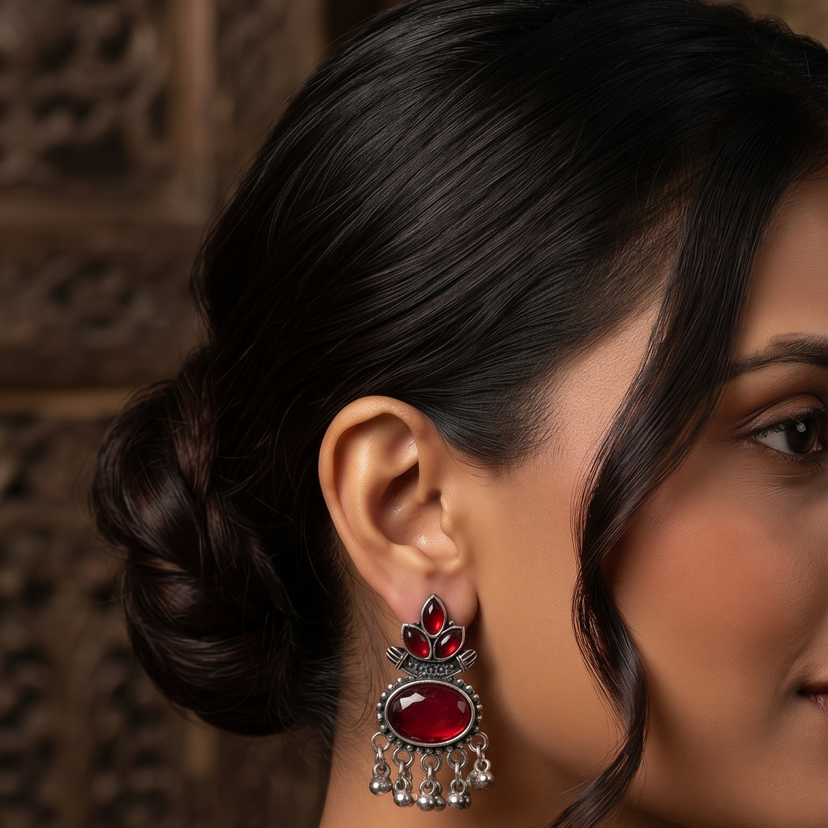 Oxidised Silver Lotus Stone Drop Earrings with Ghungroo Beads