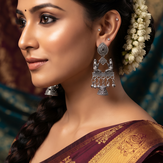 Oxidised Silver Traditional Figurine Jhumka Earrings