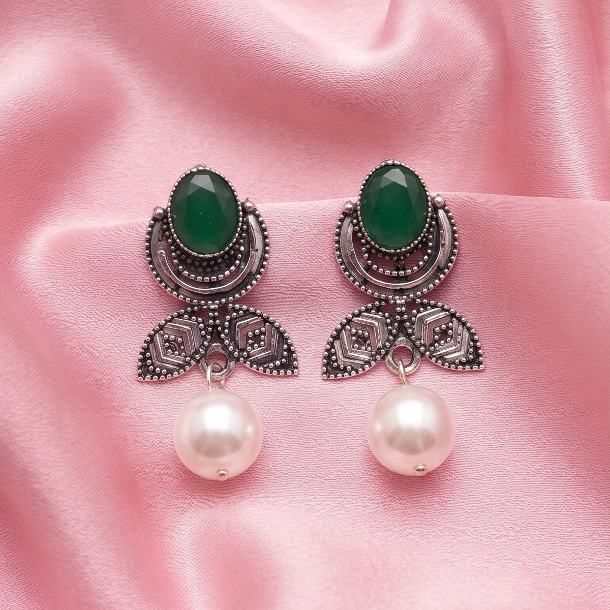 Oxidised Silver Multicolor Stone Pearl Drop Earrings