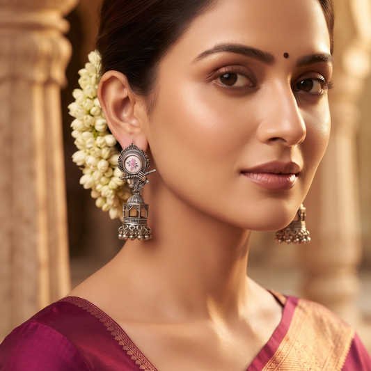 Traditional Oxidised Silver Flute Design Jhumka Earrings with Floral Detailing for Women