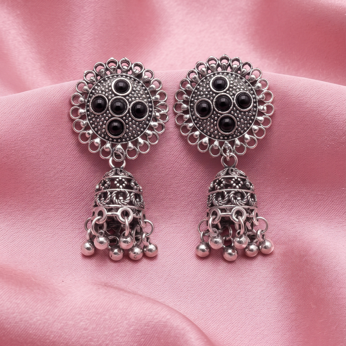 Oxidised Silver Traditional Jhumka Earrings for Women