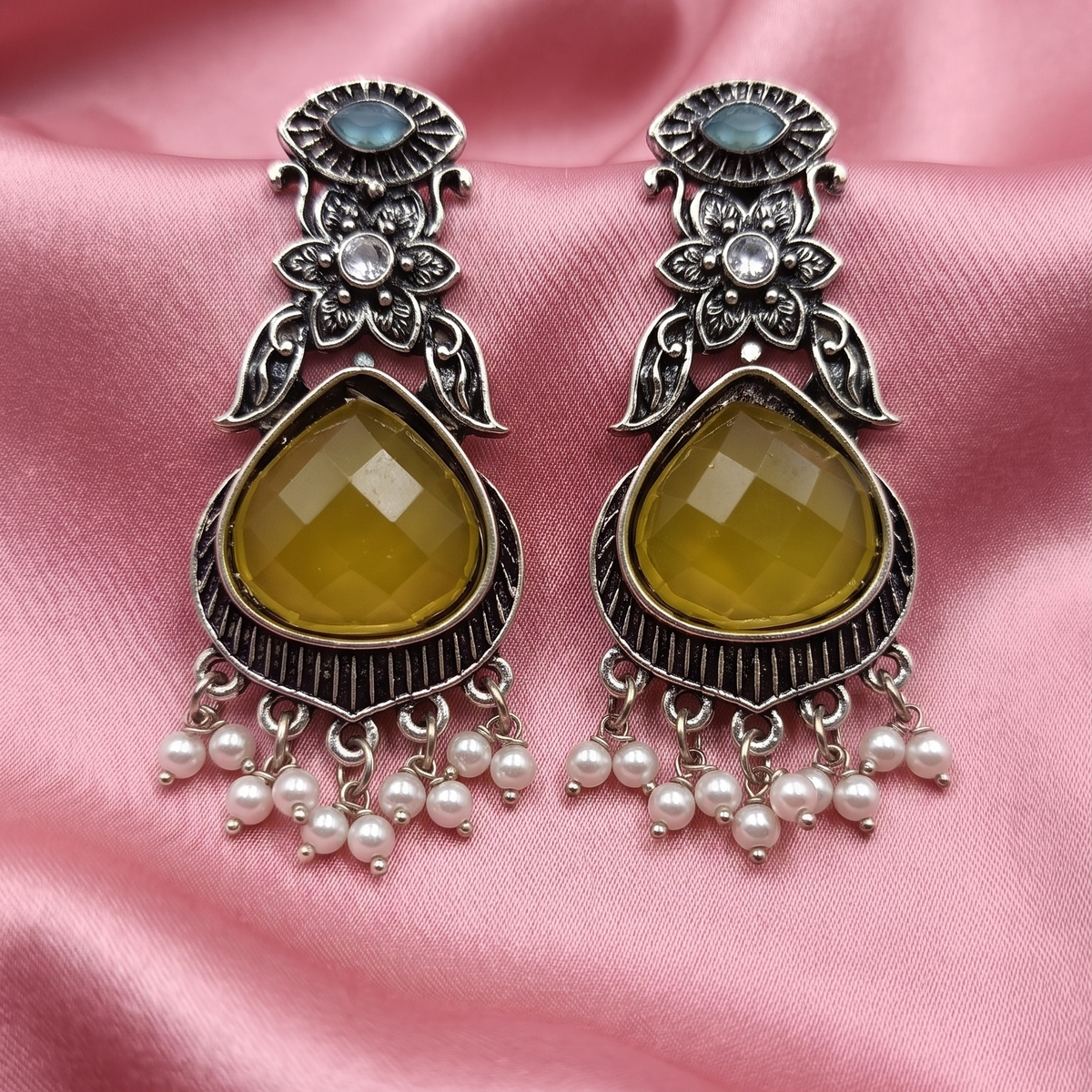 Oxidised Silver Floral Stone Drop Earrings with Pearl Beads