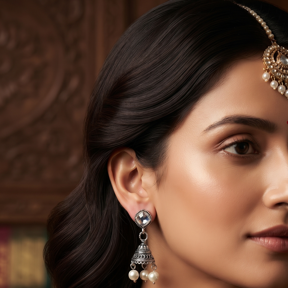 Oxidised Silver Crystal Jhumka Earrings with Pearl Drops