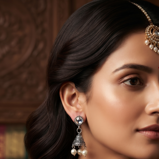 Oxidised Silver Crystal Jhumka Earrings with Pearl Drops