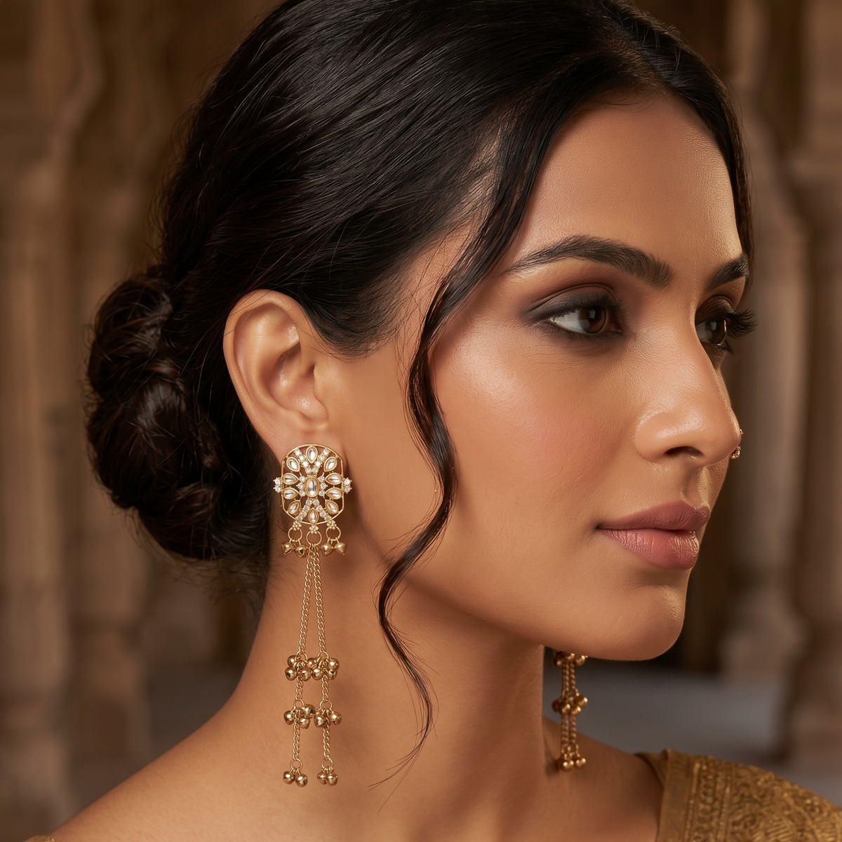 Antique Gold Kundan Chain Tassel Earrings