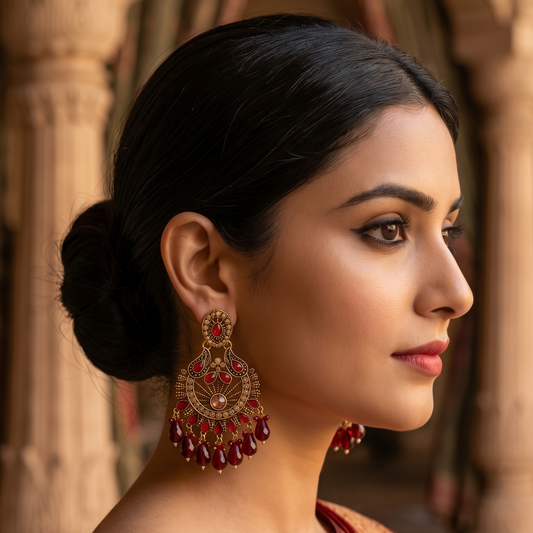 Antique Gold Multicolor Stone Chandbali Earrings with Beaded Drops