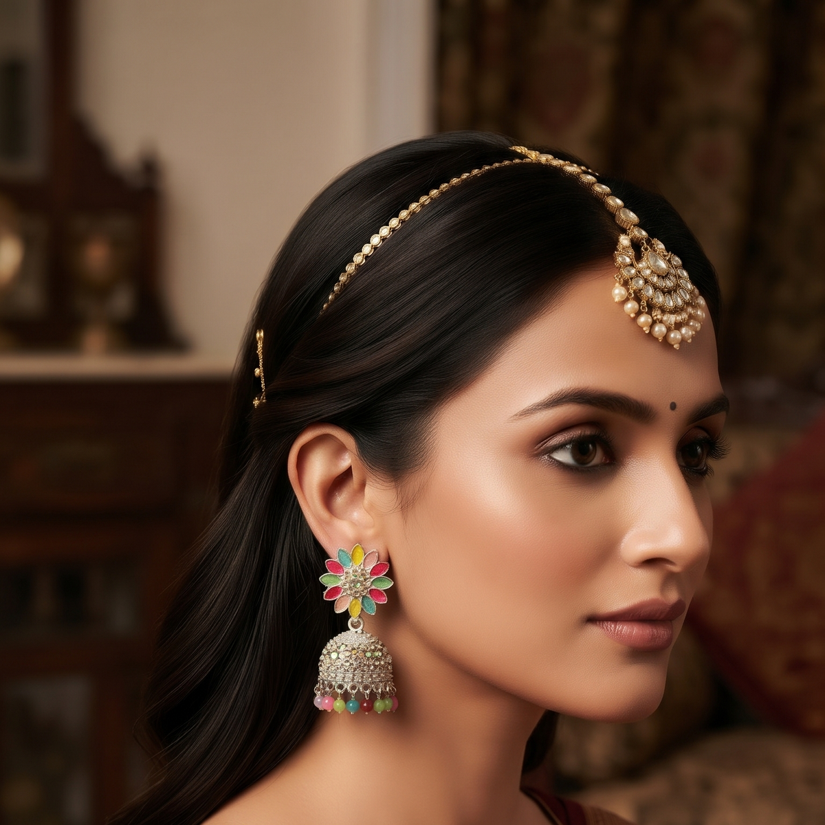 Multicolor Floral Crystal Jhumka Earrings