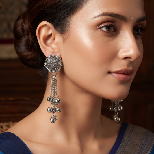 Traditional Oxidised Silver Spiral Stud Long Chain Earrings with Ghungroo Charms for Women