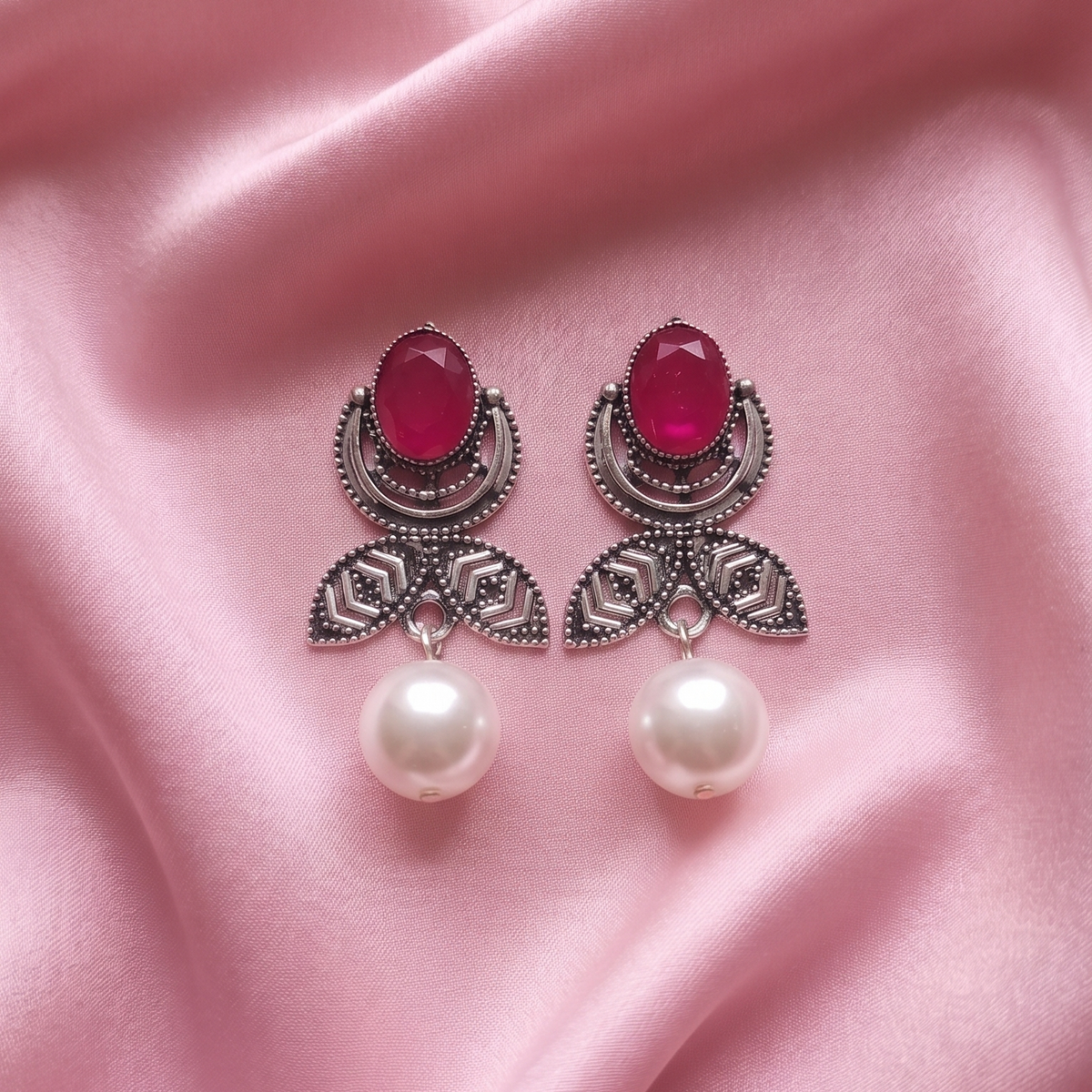 Oxidised Silver Multicolor Stone Pearl Drop Earrings