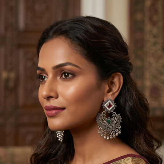 Oxidised Silver Chandbali Earrings with Red & Green Stones