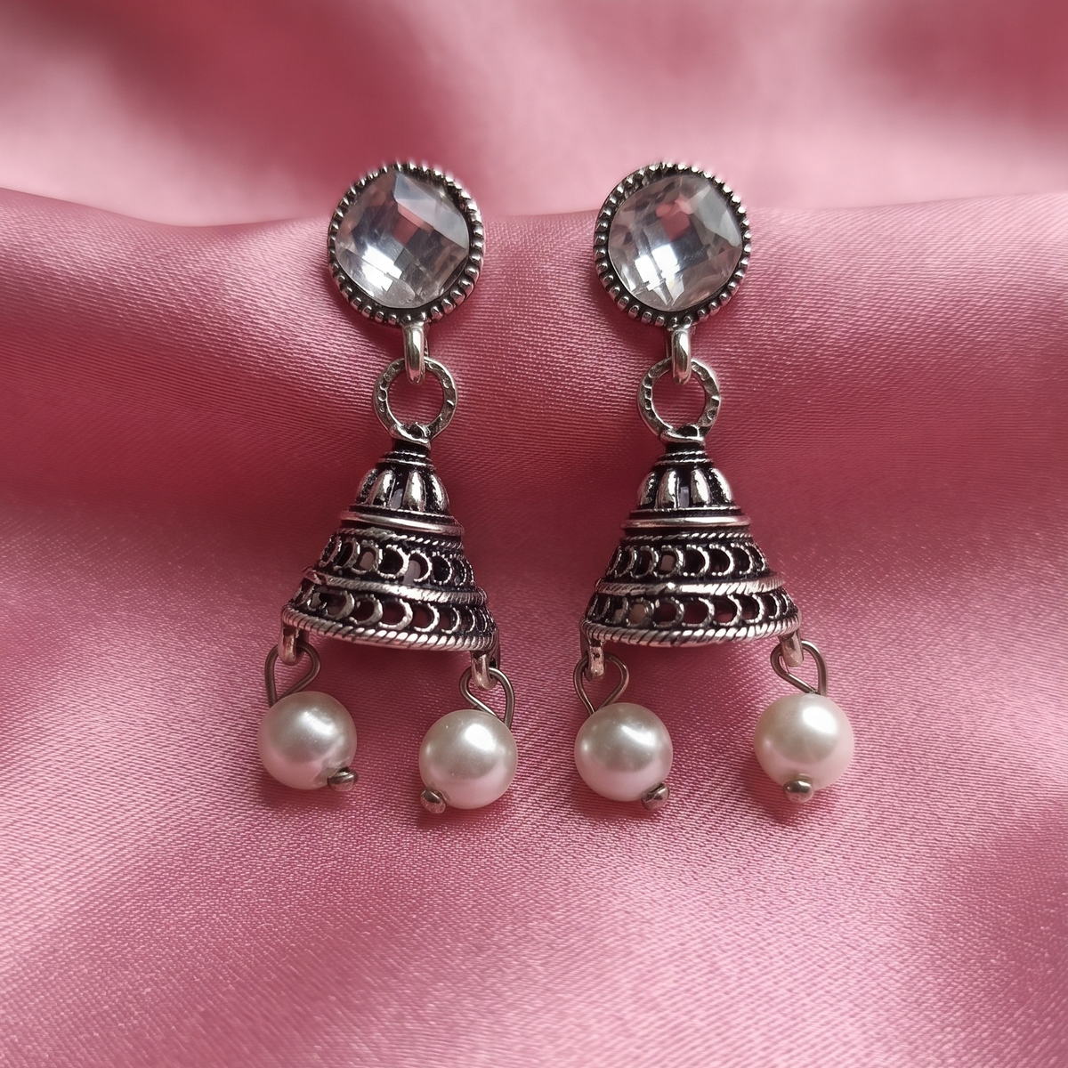 Oxidised Silver Crystal Jhumka Earrings with Pearl Drops