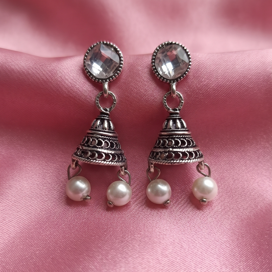 Oxidised Silver Crystal Jhumka Earrings with Pearl Drops