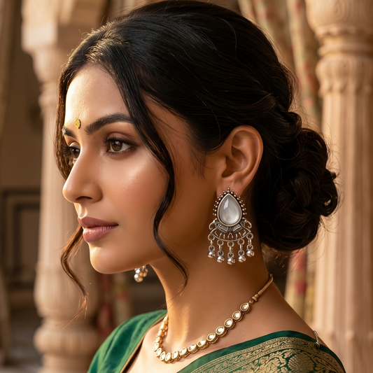Oxidised Silver White Stone Ghungroo Drop Earrings