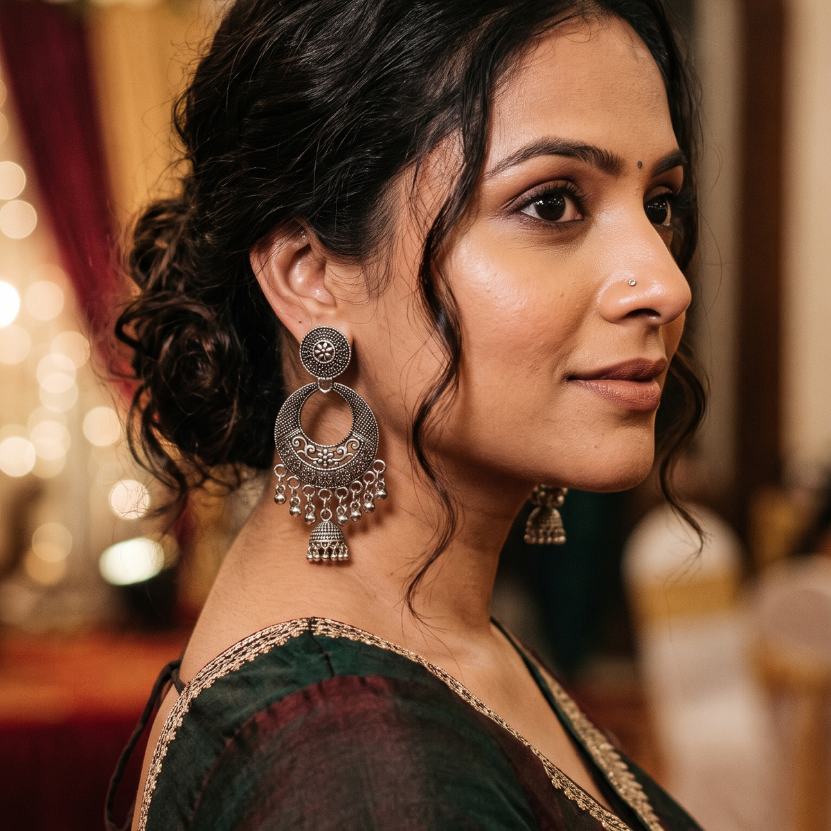 Traditional Oxidised Silver Chandbali Earrings with Floral Design, Jhumka & Ghungroo Drops